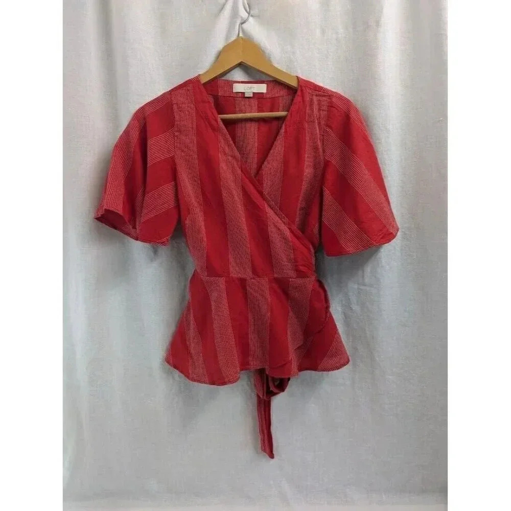 Loft red with white striped wrap around blouse, women's size extra small F3